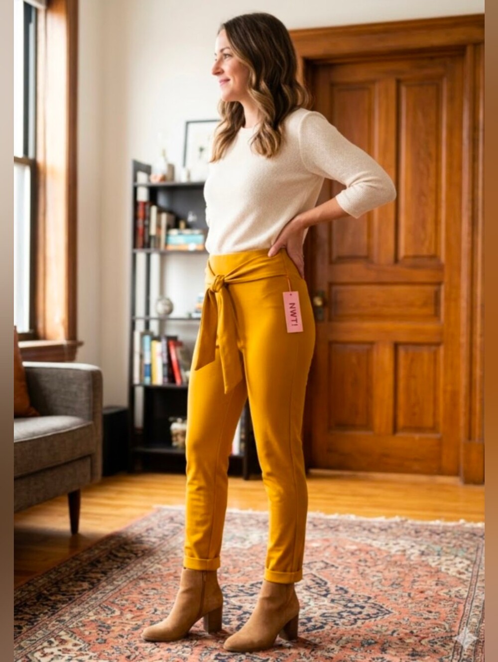 NWT! Shosho Gold Pull On Cuffed Hem Pants Attached Waist Tie Size M - Picture 1 of 8